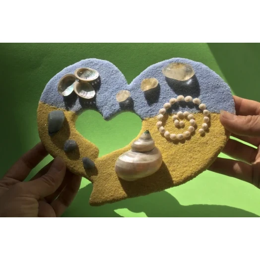 Sea Picture / Frame, Yellow & Blue Sandy Heart # 40 Sea Picture / Frame, Yellow & Blue Sandy Heart # 40